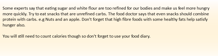 
Some experts say that eating sugar and white flour are too refined for our bodies and make us feel more hungry more quickly. Try to eat snacks that are unrefined carbs. The food doctor says that even snacks should combine protein with carbs. e.g Nuts and an apple. Don't forget that high fibre foods with some healthy fats help satisfy hunger also. You will still need to count calories though so don't forget to use your food diary. 